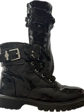 Black Patent Floral-Accent Lace-Up Combat Boots - girls